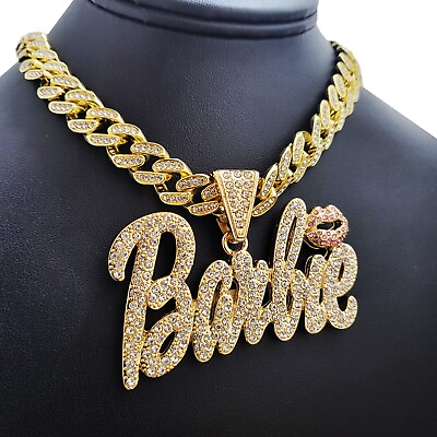 #ad Women Gold Plated Large Barbie Charm amp; Iced Cubic Zirconia Cuban Chain Necklace $19.99