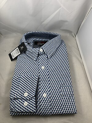 #ad Johnson Murphy Blue White Stretchable Button Down Front Pocket Spandex Shirt Men $28.99