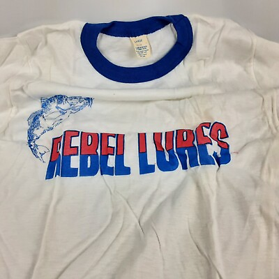 #ad Vintage Rebel Lures Fishing T Shirt L 42 44 White Blue $25.50