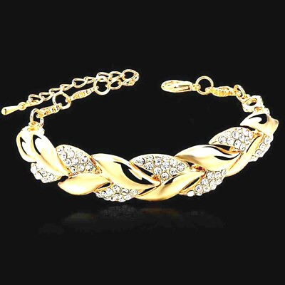 Ladies Gold Plated Crystal Rhinestone Leaf Bracelet Bangle Love Gift Wedding UK GBP 3.69