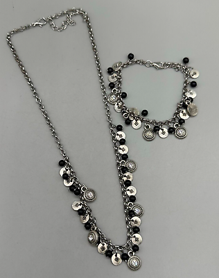 #ad Womens Jewelry Set Silver Tone Round Metal Disc Black Dangle Beads Matching $24.99