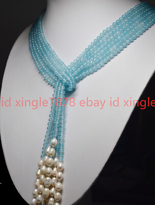 #ad 50quot; Long Charming 3 Strands 4mm Blue Aquamarine Gems amp; White Pearl Necklaces $12.99