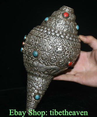 #ad 11quot; Rare Old Tibet Conch inlay Silver 8 Auspicious Symbol Dragon Shell Trumpet $990.00