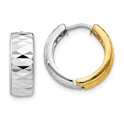 #ad 14k Two Tone Gold Textured Hinged Round Huggie Hoop Earrings 14mm $350.98