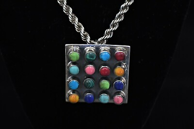 #ad EXQUISITE SOLID STERLING SILVER NECKLACE 22 INCH MULTI STONE 90 GRAM PENDANT $273.00