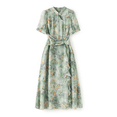 #ad French Spring Retro Slim fit Chiffon Dress Floral Printed Shortsleeve Cheongsam $80.93