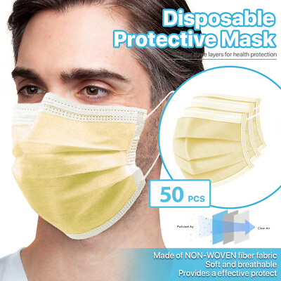 #ad Yellow 50 Pcs Disposable Face Masks 3 Ply Non Medical Surgical Earloop Cover $5.99