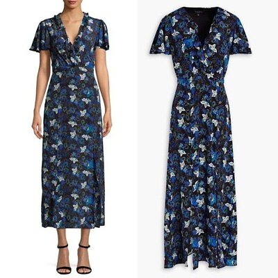 #ad Saloni Josee Crepe de Chine Silk Ruffle Midi Dress Blue Floral Size: 2 $195.00