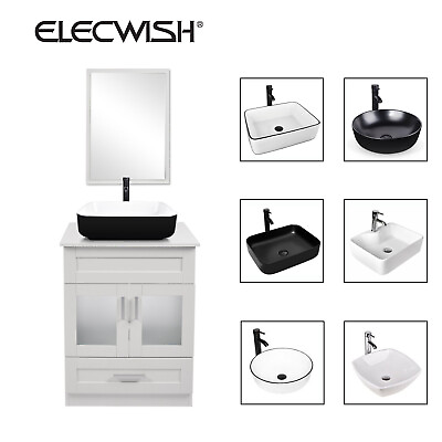 #ad 24quot; Bathroom Vanity White Cabinet Mirror Set w Ceramic Vessel Sink Bowl Faucet $259.99