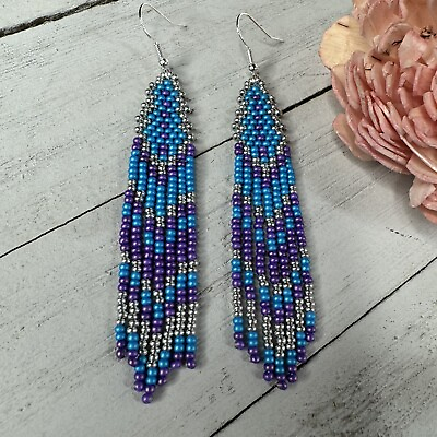 #ad Handmade Seed Bead Beaded Earrings Native American Style 3” Long $17.20