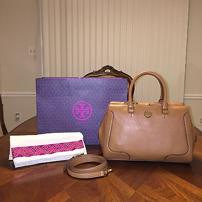 #ad NWT Tory Burch Frances Soft Satchel in Bark with Tory Gift Bag $399.99