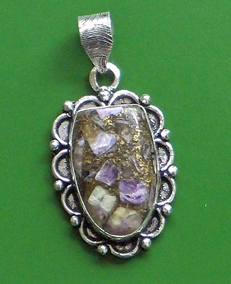 #ad STUNNING CHAROITE IN COPPER 925 SILVER PLATED PENDANT 2quot; ANTIQUE LOOK $19.99