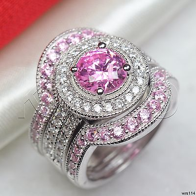 #ad 2Ct Pink CZ Halo Sterling Silver Engagement Ring Wedding Bridal Ring Set $26.50