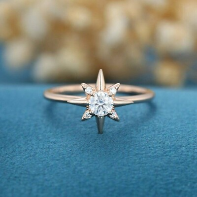 #ad 0.50 Ct Real Moissanite North Star Minimalist Wedding Ring 14K Rose Gold Plated $145.39