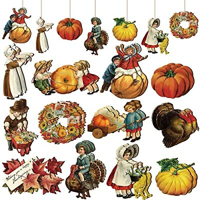 #ad 1 Set Fall Thanksgiving Vintage Wood Hanging Ornaments Autumn Fall Tree Leaf $12.14
