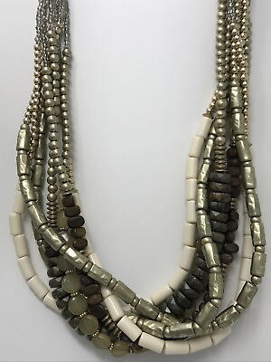 #ad CHICO#x27;S Necklace Beads Beaded White Gray Metallic Multi Strand Layer $17.60