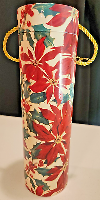 #ad Vintage Christmas Poinsettia Print Wine Liquor Gift Tube Box 13quot; Gold Cord $24.00