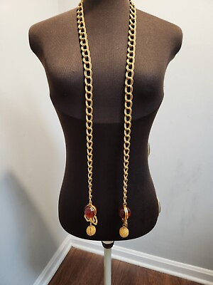 #ad Vintage Gold Tone Large Chain Tie Necklace Or Belt With Amber Colored Baubles $100.00