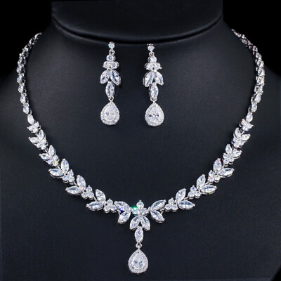 #ad #ad CWWZircons Luxury Leaf Cubic Zirconia Silver Plated Wedding Necklace Jewelry Set $18.04