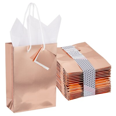 #ad 20 Pcs Small Paper Bags with Handle amp; Tissue Paper for Gift Rose Gold 8x5.5x2.5” $17.29