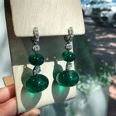 #ad Deep Vivid Green Large Fancy Emerald With Clear White CZ Dangle Fashion Earring $399.00