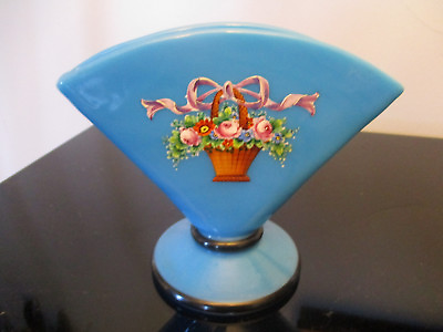 #ad Antique French Art Glass HP Enamelled Bow Roses Basket Blue Opaline Fan Vase $249.99