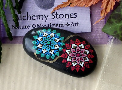 #ad Small Hand Painted Alchemy Soulmate Stone with Multicolored Twin Mandala Design $15.00