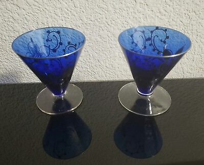 2 Vintage Cobalt Blue Hand Painted Triangular Glasses Cordial Unique Gift Glass $24.00