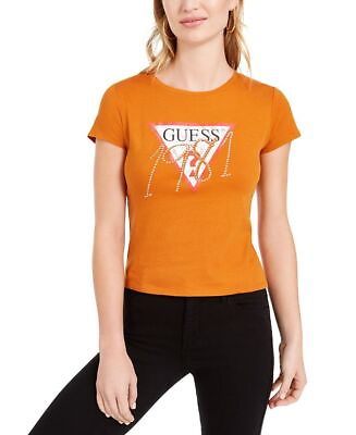 Guess Women#x27;s Embellished Crewneck T Shirt Brown Size Medium $19.40