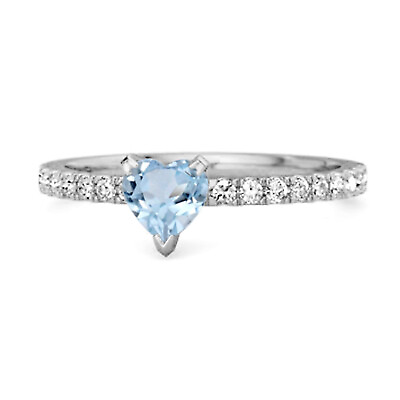 #ad 5 MM Natural Blue Topaz 14k White Gold Heart Ring Unique Lovers Ring C $374.36