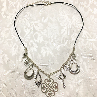 #ad Silver Tone Dangle Charm Necklace Mixed Ornate Open Work Faux Leather Cord $19.95