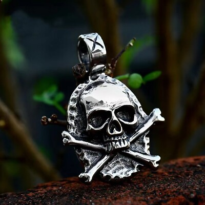 Men#x27;s Gothic Skull Crossbones Pendant Necklace Punk Rock Jewelry Stainless Steel $10.99