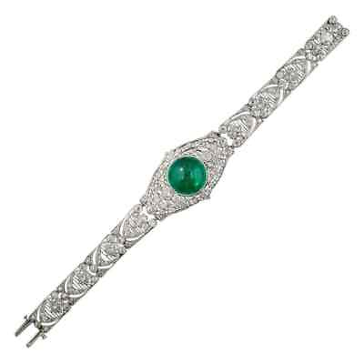 #ad Vintage Green Cabochon Emerald amp; White CZ Women#x27;s Excellent Bracelet In 925 SS $599.99