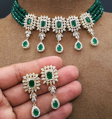 Bollywood Indian Choker Necklace Earrings Party Wear AD CZ Fashion Jewelry Sets $39.49