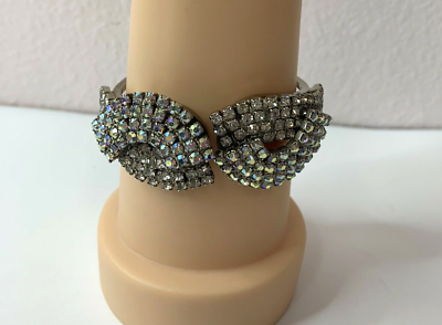 #ad Statement Bracelet Rhinestone Crystal Sparkling Silver Tone Hinged $24.99