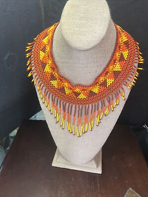 #ad Vintage Hand Crafted Seed Bead Beaded 18” Orange amp; Yellow Bib Collar Necklace $39.00