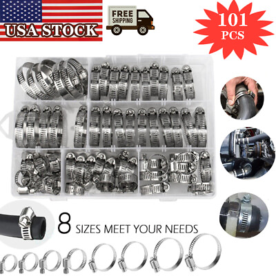 #ad 101pcs Adjustable Hose Clamps Worm Gear Stainless Steel Clamp Assortment 8 Sizes $17.56