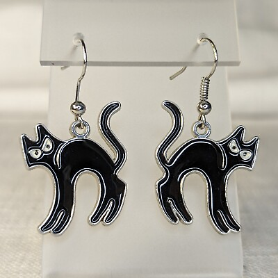 #ad Cat Earrings Black Enamel White Eyes Dangle Pierced $15.15