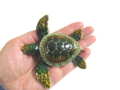 #ad Bejeweled Dark Green Sea Turtle Hinged Metal Enameled Rhinestone Trinket Box $22.99