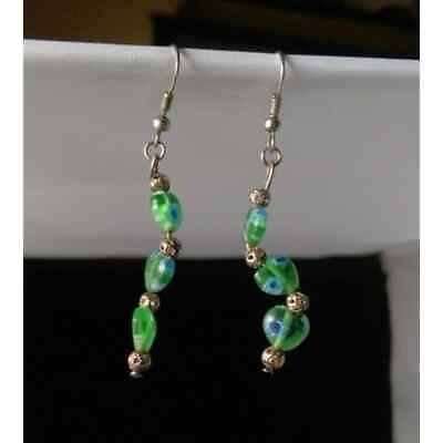 #ad Vintage Green Millefiori Glass Dangle Heart Earrings $12.99