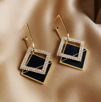 #ad Fashion Black Gold Plated Geometric Crystal Ear Stud Earrings Drop Dangle Women $8.77