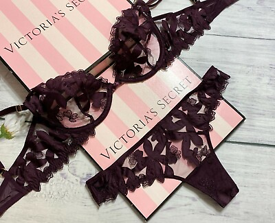 Victorias Secret LUXE Unlined Floral Embroidered Balconette Bra Set Dark Violet $53.00