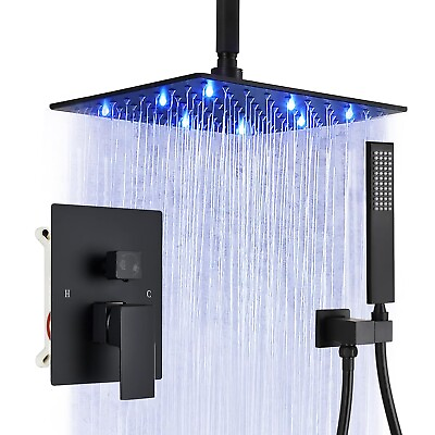 #ad 12quot; Ceiling Mount Shower Faucets Set LED Rainfall Shower Head with Shower Valve $95.00