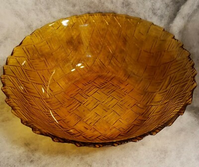 Vintage indiana Iridescent Basket Weave Amber Glass Salad Bowl Serving Dish 9x3quot; $12.40