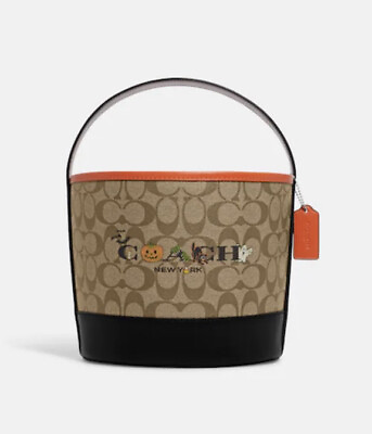 #ad Coach Signature Canvas Leather HALLOWEEN PRINT Candy Bucket Bag Basket NEW $249.99