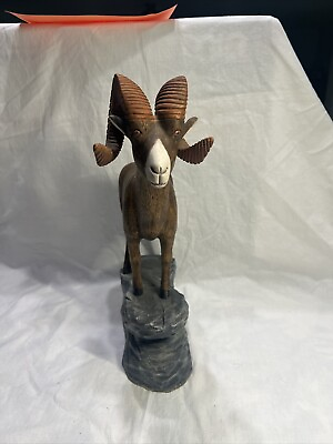 #ad Hand Carved Wooden Big Horn Sheep Ram Ornamental Wood Artist G Knight $49.99