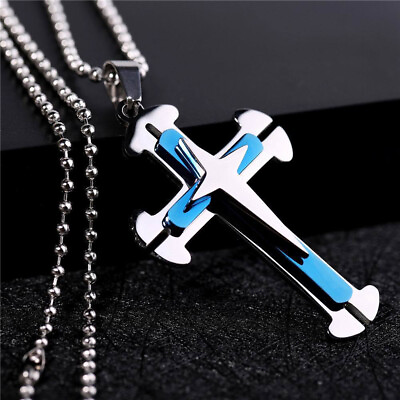 Cool Stainless Steel Cross Pendant With Chain Metal Necklace for Men Women Gift $15.94