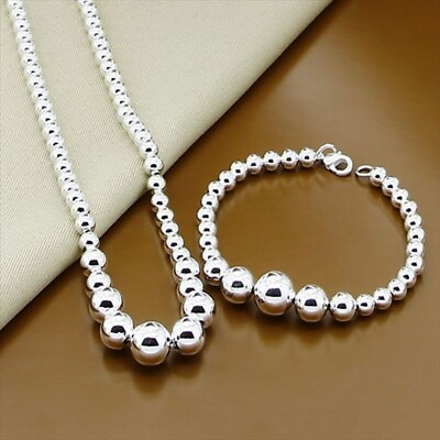 #ad 925 Sterling Silver Smooth Beads Chain Necklace Bracelet Women Jewelry Sets Gift $8.99
