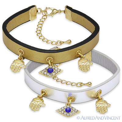 #ad Evil Eye CZ Crystal Greek Turkish Nazar Hamsa Hand Charm Leather Cuff Bracelet $12.99