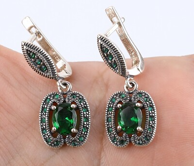#ad MARCASITE SIMULATED EMERALD .925 SOLID STERLING SILVER EARRINGS #53549 $35.00